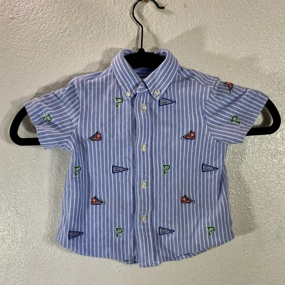 Ralph lauren blue striped button up short sleeve shirt with patches size 12M